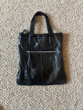 Aqua Madonna Black Leather and Haircalf Tote Bag with Tassel